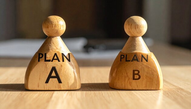 Two Wooden Pawns Labeled Plan A and Plan B Standing on a Wooden Desk