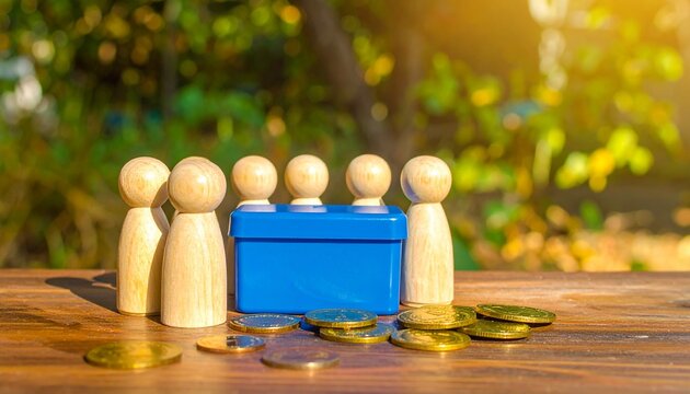 Wooden Figure Characters Standing in a Circle Around a Blue Cube on Stacks of Coins