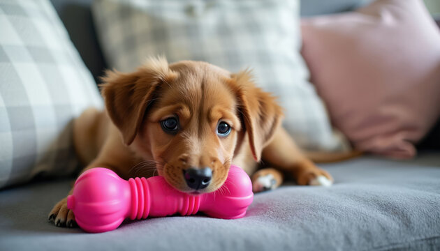 Cute brown puppy with big blue eyes lies on a grey couch. It holds a pink bone toy in its mouth. The dog looks directly at the camera with a sweet expression. Pillows are blurred in background.