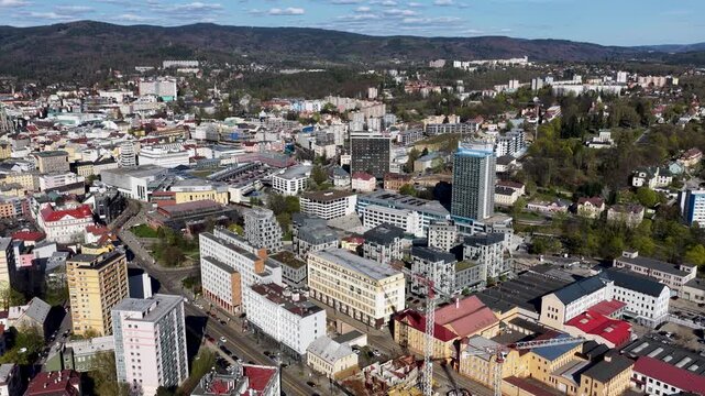 Aerial drone view of Liberec city residential districts and mountains in Czech Republic