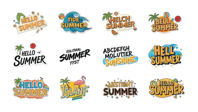 Summer Celebration Graphics: A vibrant collection of artistic text designs proclaiming Summer, featuring tropical elements like palm trees, waves, sun, and flamingos.