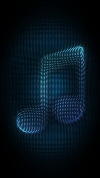 Blue Double Music Note Symbol Particle Animation on Dark Background, Glowing Dot Grid Pulsing Animation Motion Graphics Seamless Loop, 4K