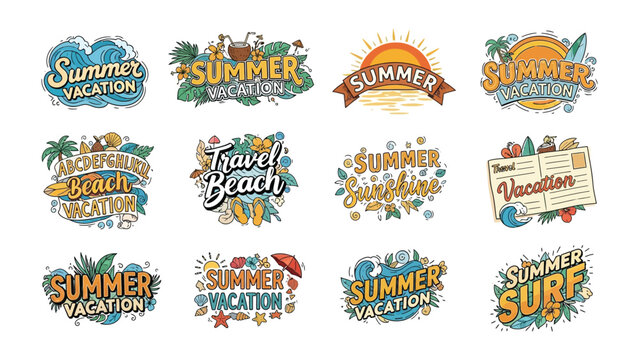 Summer Vacation Collection: A vibrant array of hand-drawn illustrations and text designs celebrating the spirit of summer vacation, featuring beach scenes, sunshine, and tropical elements.