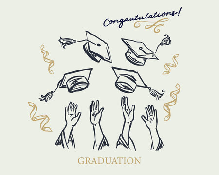 Gradutation cap throwing up vector hand drawn illustration