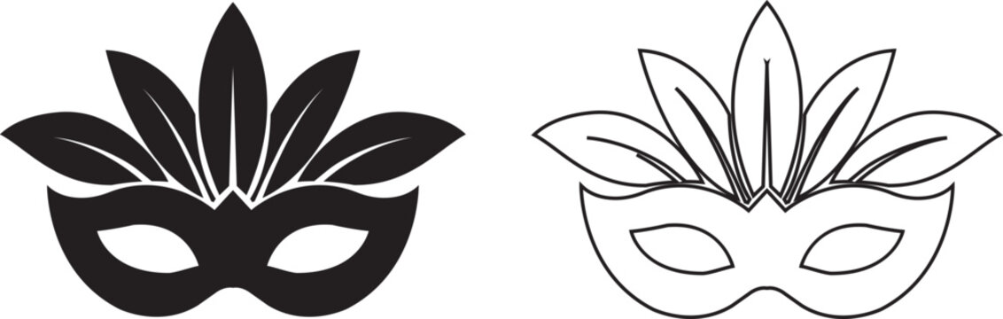 Carnival mask icon set collection with masquerade theater comedy tragedy animal and Venetian mask symbols in solid and outline styles isolated on transparent background