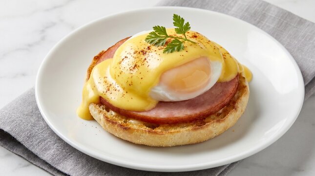 Gourmet eggs benedict with ham, hollandaise sauce on white plate