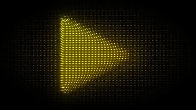 Golden 3D Play Button Symbol Particle Animation on Dark Background, Glowing Dot Grid Rotating Animation Motion Graphics Seamless Loop, 4K