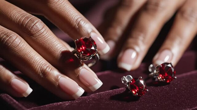 Close-up of a hand showcasing a luxurious ruby ring alongside matching ruby earrings on a velvet surface.