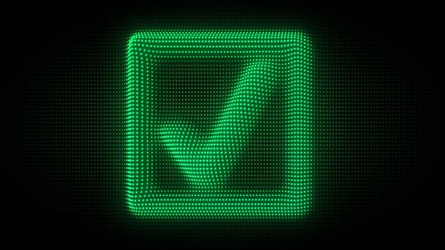 Green 3D Check Mark Symbol Particle Animation on Dark Background, Glowing Dot Grid Rotating Animation Motion Graphics Seamless Loop, 4K