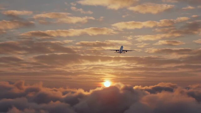 Passenger jet ascending above thick cloud layer during golden sunset. Wide shot with horizontal panning camera movement.