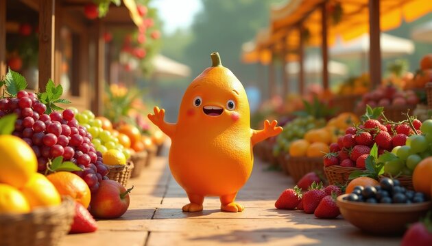 Cute orange character stands happily at outdoor market stall with various fresh fruits in baskets. Colorful produce like grapes strawberries blueberries apples, oranges offers healthy food variety