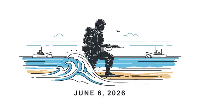Line art surfer with backpack riding wave near ship on June 6 2028 calendar date vector illustration