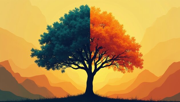 Split tree illustration shows contrast. Half green leaves half orange leaves against a yellow orange mountain landscape. Symbolizing change and seasons.