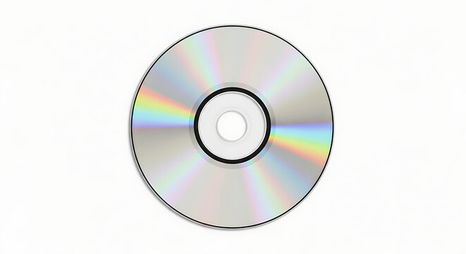 Shiny silver compact disc with rainbow colors on surface  digital media storage transparent background