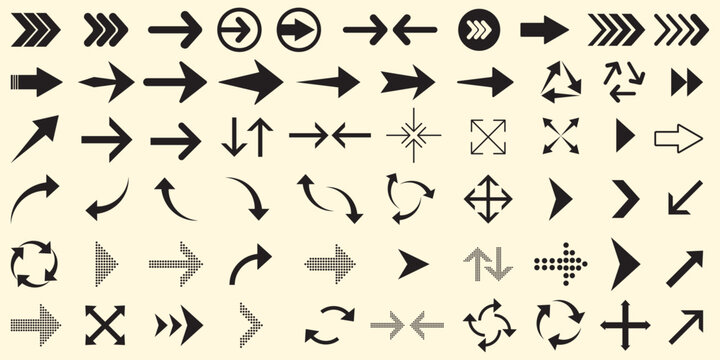 Black arrows vector set icon collection with dynamic pointer shapes curves and dots for business infographic webpage presentation elements isolated on vintage background.