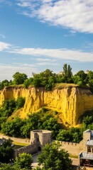 Obraz premium Sunny yellow cliffs and ancient stone walls rise above a vibrant green landscape under a blue sky