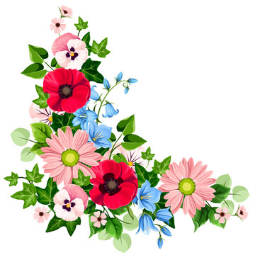 Floral corner border with red, pink, and blue flowers and green leaves. Poppy, gerbera, bluebell, and pansy flowers. Vector corner design element