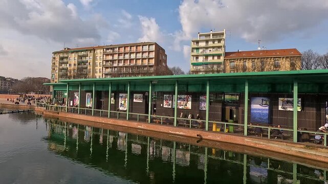 Footage of the Naviglio Grande canal walk in Milan Italy IT