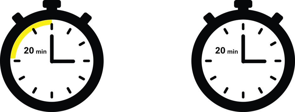 Black stopwatch icons showing twenty minute duration with yellow progress indicator Vector