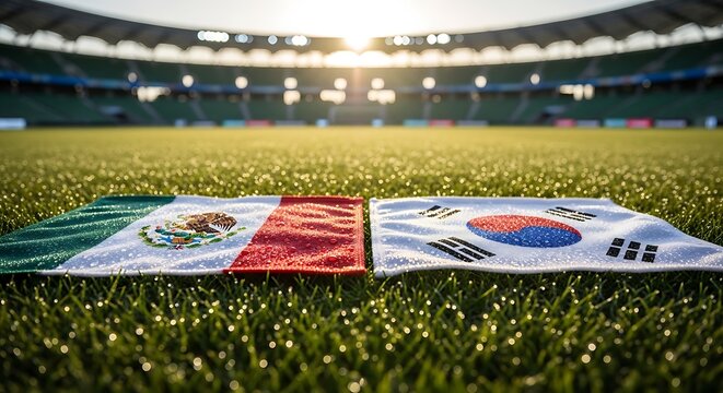 Mexican and South Korean flags lying side by side on a football stadium pitch