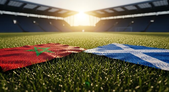Morocco and Scotland flags on a sunlit soccer field for international sports match preview