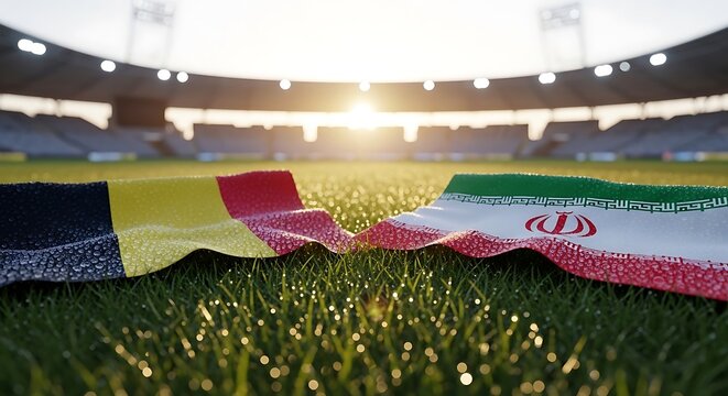 Belgium and Iran football flags on grass stadium pitch for world cup match preview