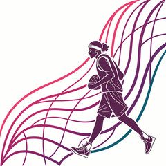 Fototapeta premium Dynamic basketball player silhouette in motion with abstract curved graphic lines basketball silhouette abstract