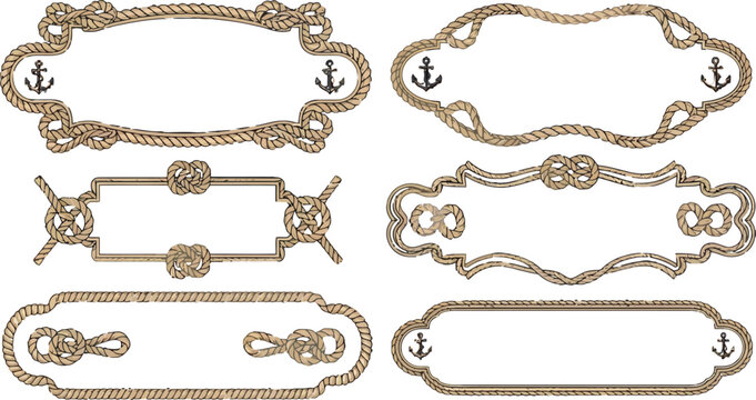 Nautical rope frames and borders set with anchor and knot elements for marine themed graphic design projects
