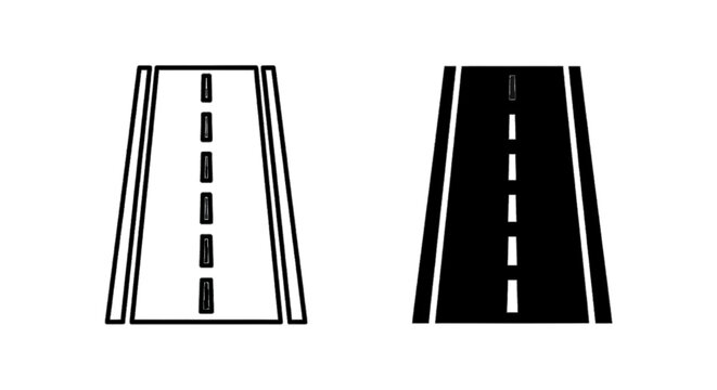Minimal black silhouette icon, simple flat vector, bold black shape, no, no shading set of two road icons with dashed lines, flat vector illustration on a, flat icon style