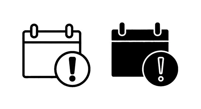 Minimal black silhouette icon, simple flat vector, bold black shape, no, no shading calendar icon with exclamation mark for important date or deadline reminder on a, flat icon style