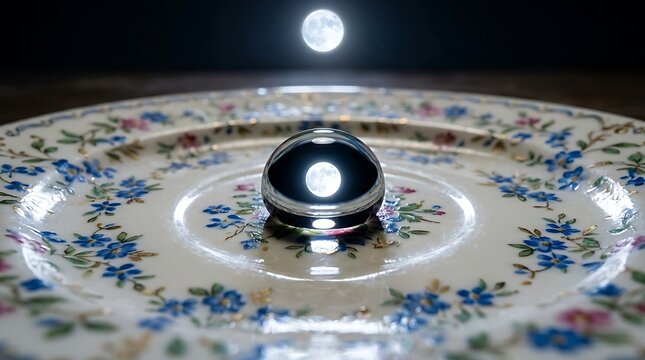 Ethereal moon reflection in crystal ball on vintage floral plate