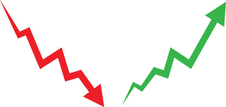 Red arrow going down and green arrow going up showing business growth and market decline Vector