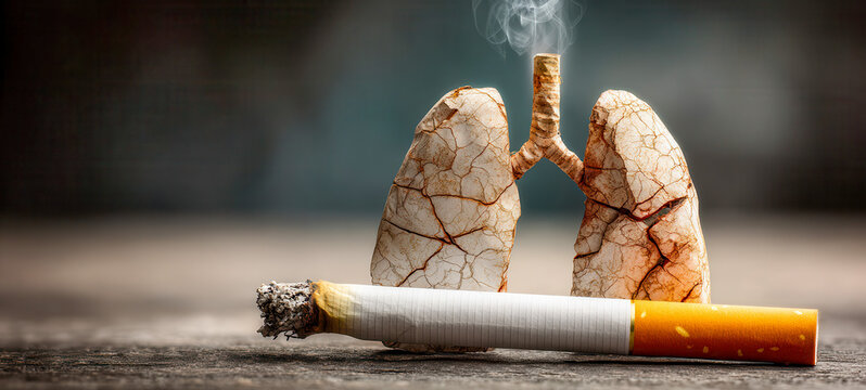 Lungs made of cracked clay stand next to a used cigarette on a wooden surface in a setting about health and smoking