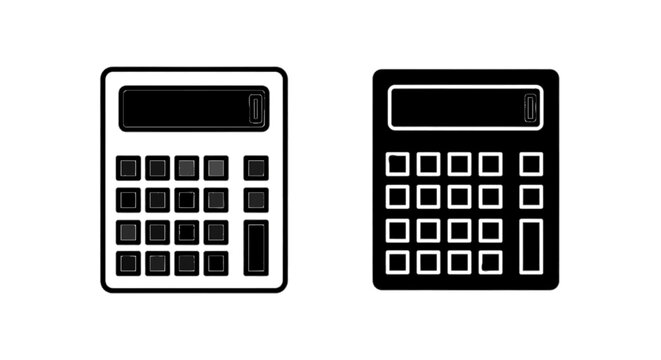 Minimal black silhouette icon, simple flat vector, bold black shape, no, no shading set of two simple calculator icons in black and white styles on a, flat icon style