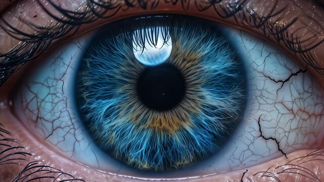 Lightning bolts flashing across human eye with blue iris. Surreal digital art of electrical energy and cracked skin. Extreme close-up zoom in.
