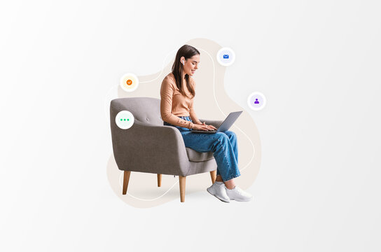 A woman sits on a gray chair at home working on a laptop. She interacts with various icons on the screen that represent different online activities.
