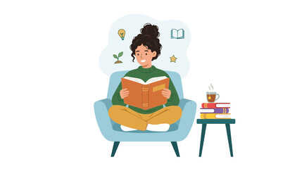 Young woman reading book sitting comfortably in armchair at home with tea