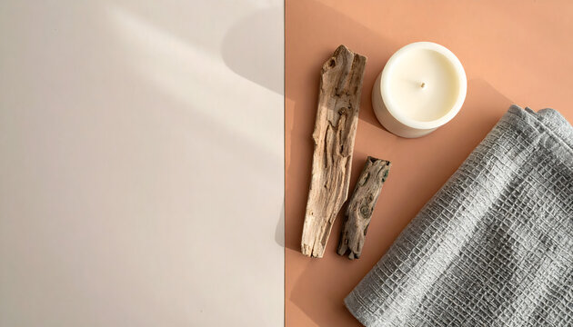Vela cil&iacute;ndrica blanca con tela de lino gris sobre fondo terracota