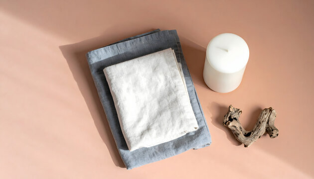 Vela cil&iacute;ndrica blanca con tela de lino gris sobre fondo terracota