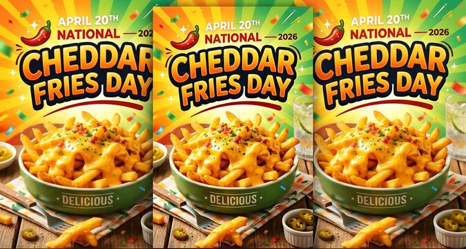National cheddar fries day celebration poster featuring a bowl of delicious cheesy fries with bacon bits and jalapeos on a rustic wooden table with festive confetti background