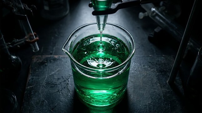 Green chemical liquid dripping into a laboratory beaker