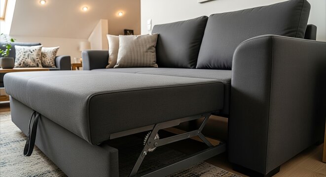 Modern gray sleeper sofa with exposed mechanism in a cozy living room with decorative pillows and soft lighting