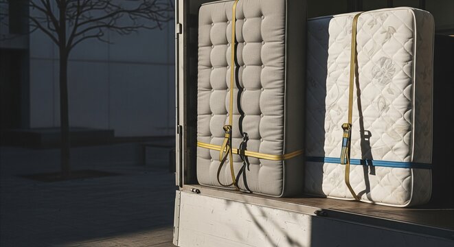 Moving house: Mattresses secured with straps in flatbed truck, symbolizing transition and new beginnings under bright sun
