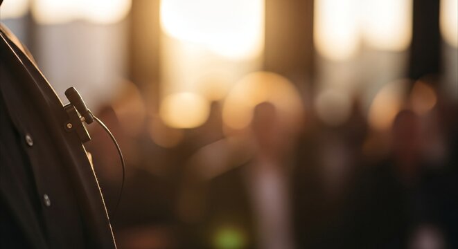 Lavalier microphone clipped to speaker's jacket during presentation, soft focus audience and golden hour lighting