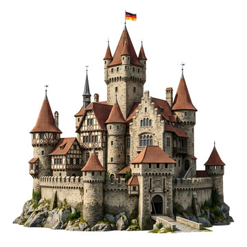 Medieval German castle with stone walls and red roofs isolated on transparent background