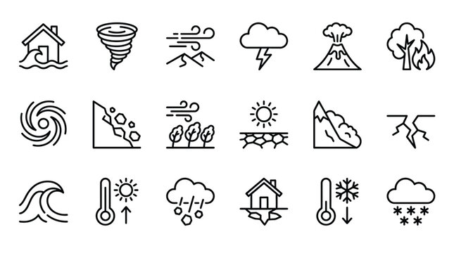 A collection of line icons depicting various natural disasters and extreme weather conditions such as floods, tornadoes, wildfires, and earthquakes.