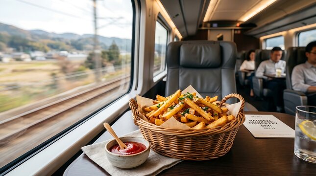A basket of golden french fries with a side of ketchup served on a tray table inside a highspeed train during travel