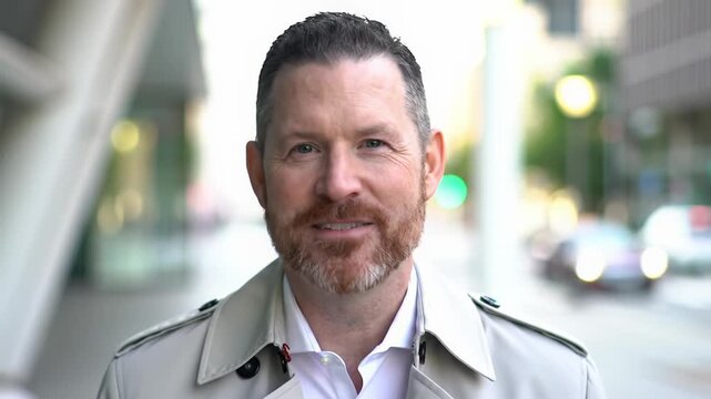 A close-up video of a handsome adult caucasian man with dark hair and a reddish beard, smiling confidently in a light trench coat, blurred urban background. Polished professionalism and positive