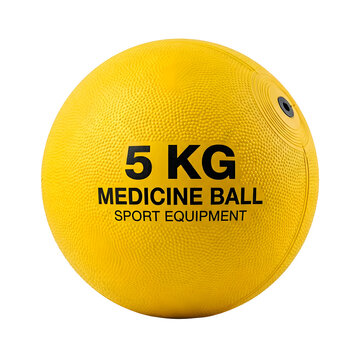 Yellow 5 kg medicine ball for strength training and fitness isolated on transparent background