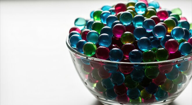 Vibrant colorful water beads filling a glass bowl, macro detail, bright sunlight, copy space for design